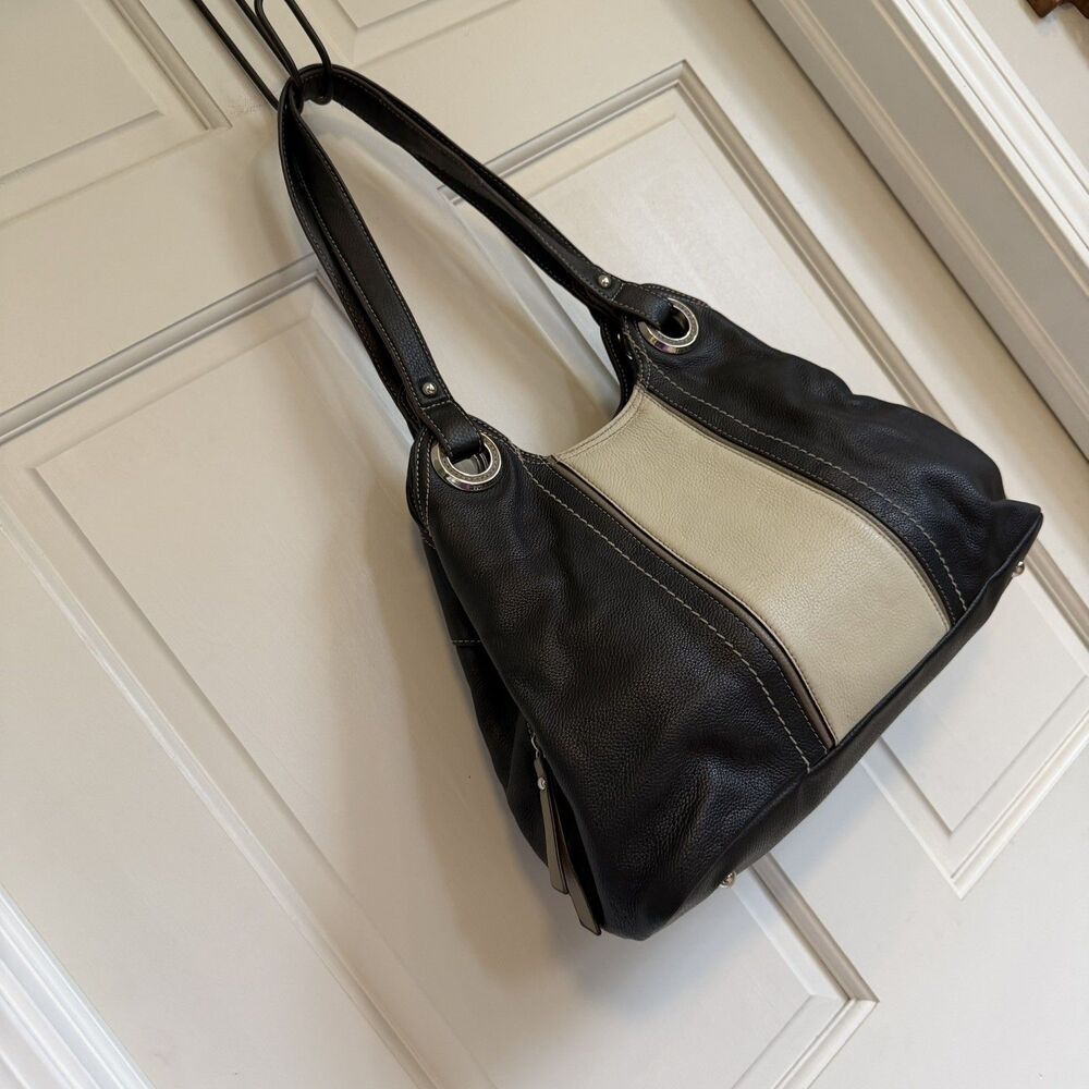 Tignanello Genuine Leather Black And Cream Handbag Roomy